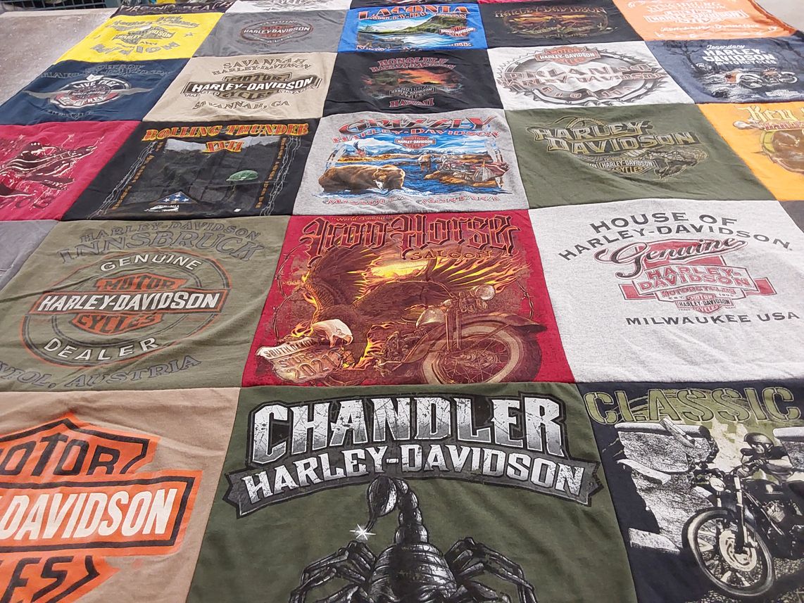 T-shirt quilt with motorcycling, bikes themes by Wendy from AZ
