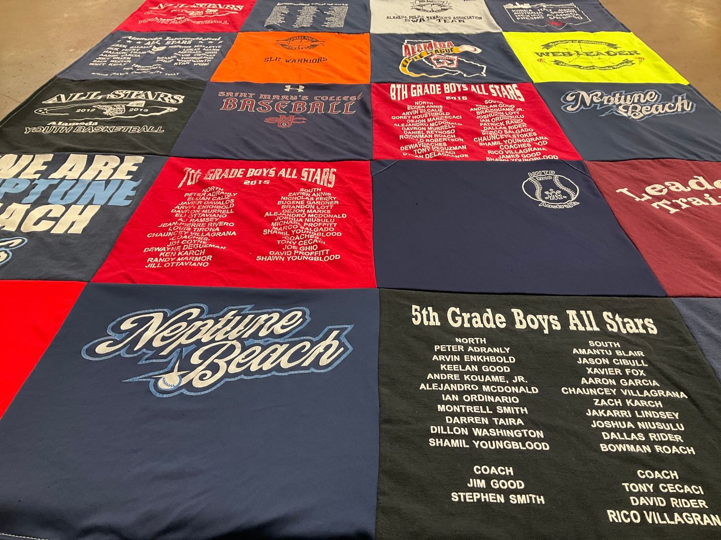 T-shirt quilt featuring 5th grade boys all stars, 8th grade boys all stars by Sherice from CA