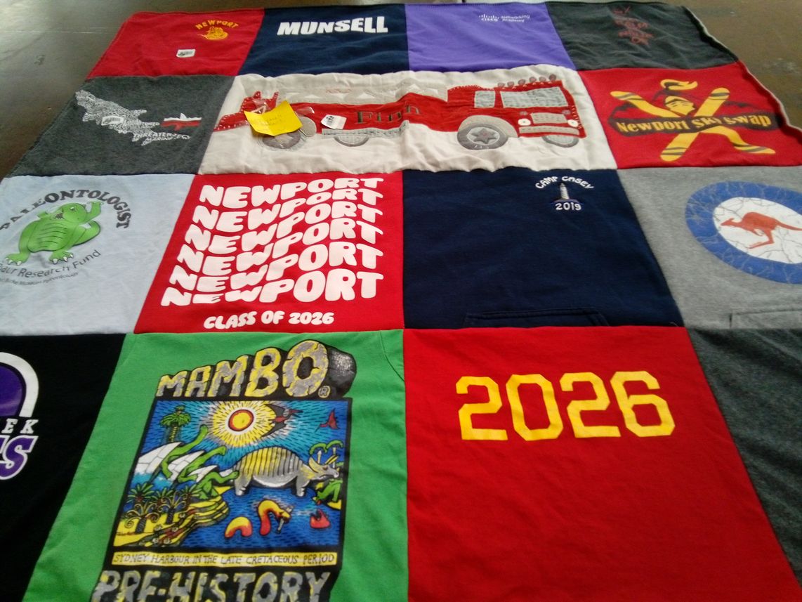 T-shirt quilt with marine biology, history themes by Nicole from WA