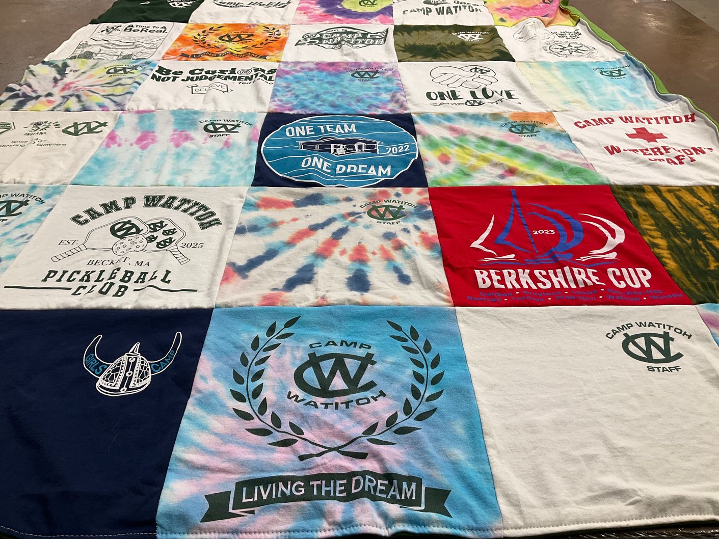 T-shirt quilt with pickleball, camping themes by Emily from MA