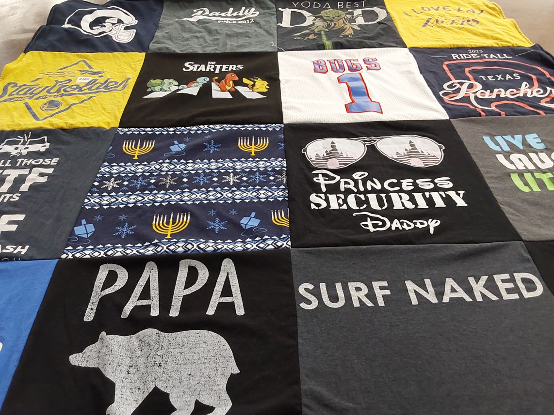 T-shirt quilt with pop culture, families themes by Rachel from CA