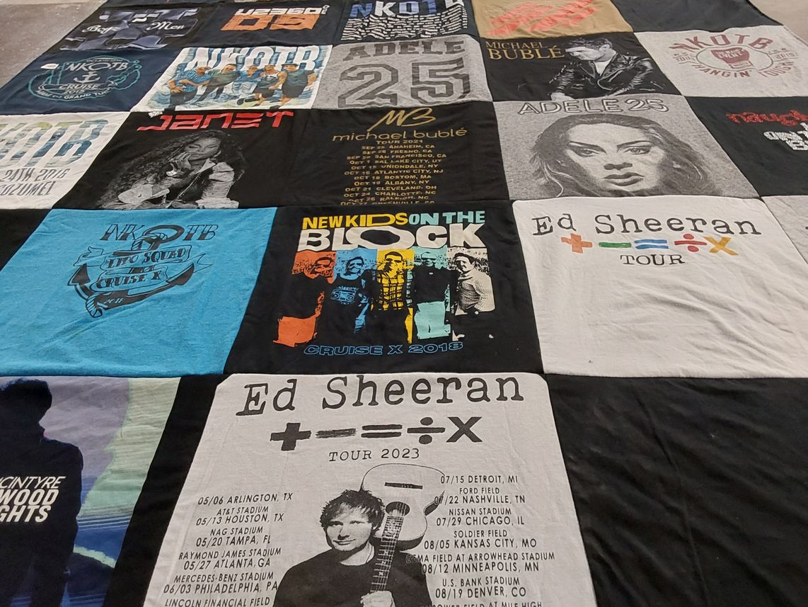 T-shirt quilt with music, concerts themes by Maricel from CA
