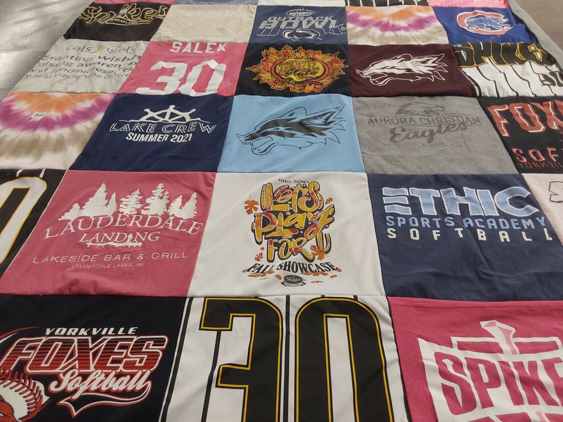 T-shirt quilt featuring yorkville foxes softball, spikers by Kelly from WI