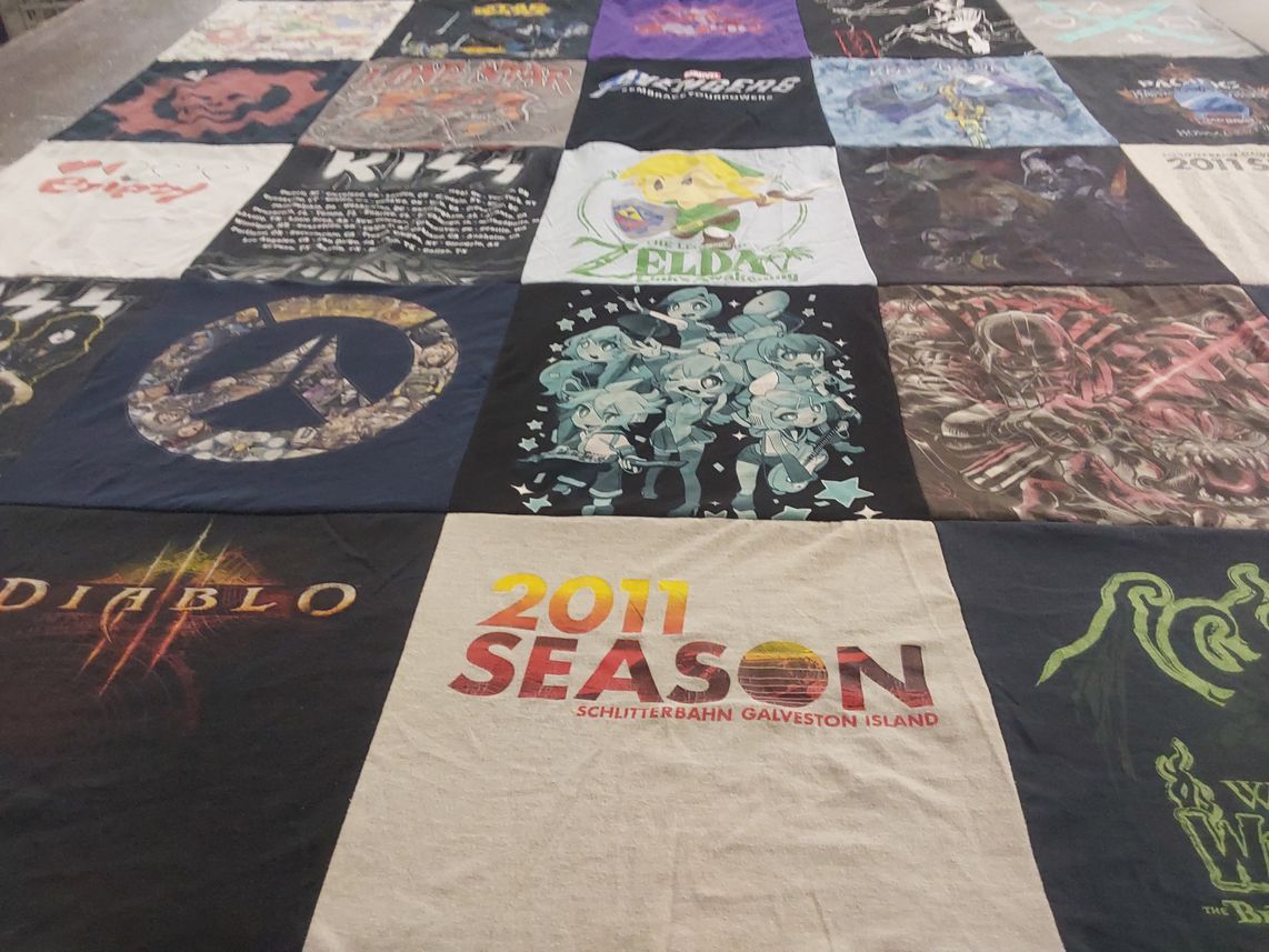 T-shirt quilt with gaming, music themes by James from TX