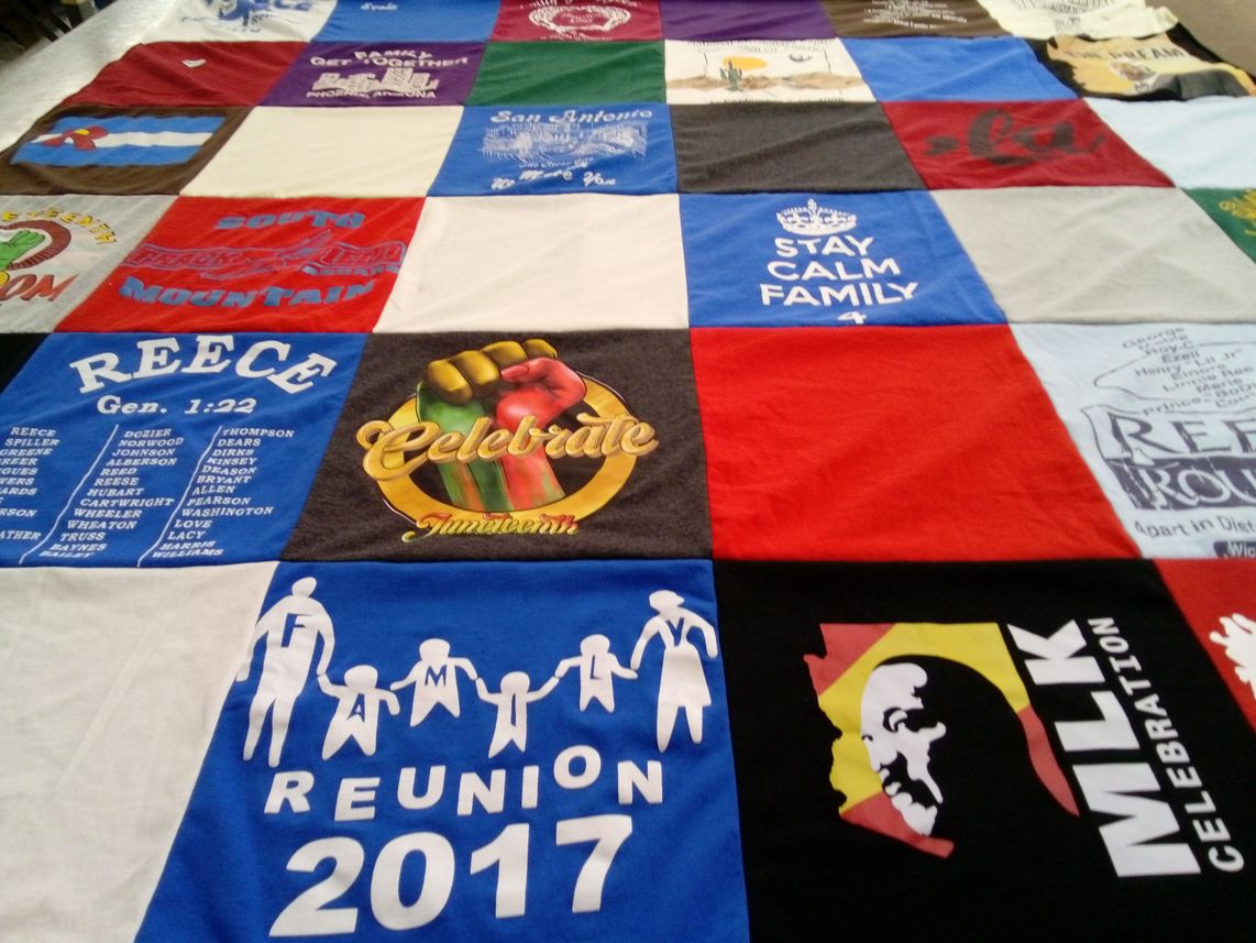 T-shirt quilt with community, family themes by Ruby from AZ