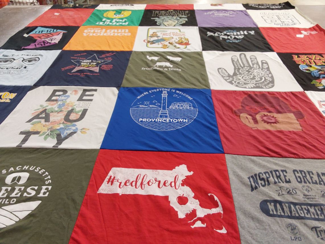 T-shirt quilt with activism, art themes by Robin from MA