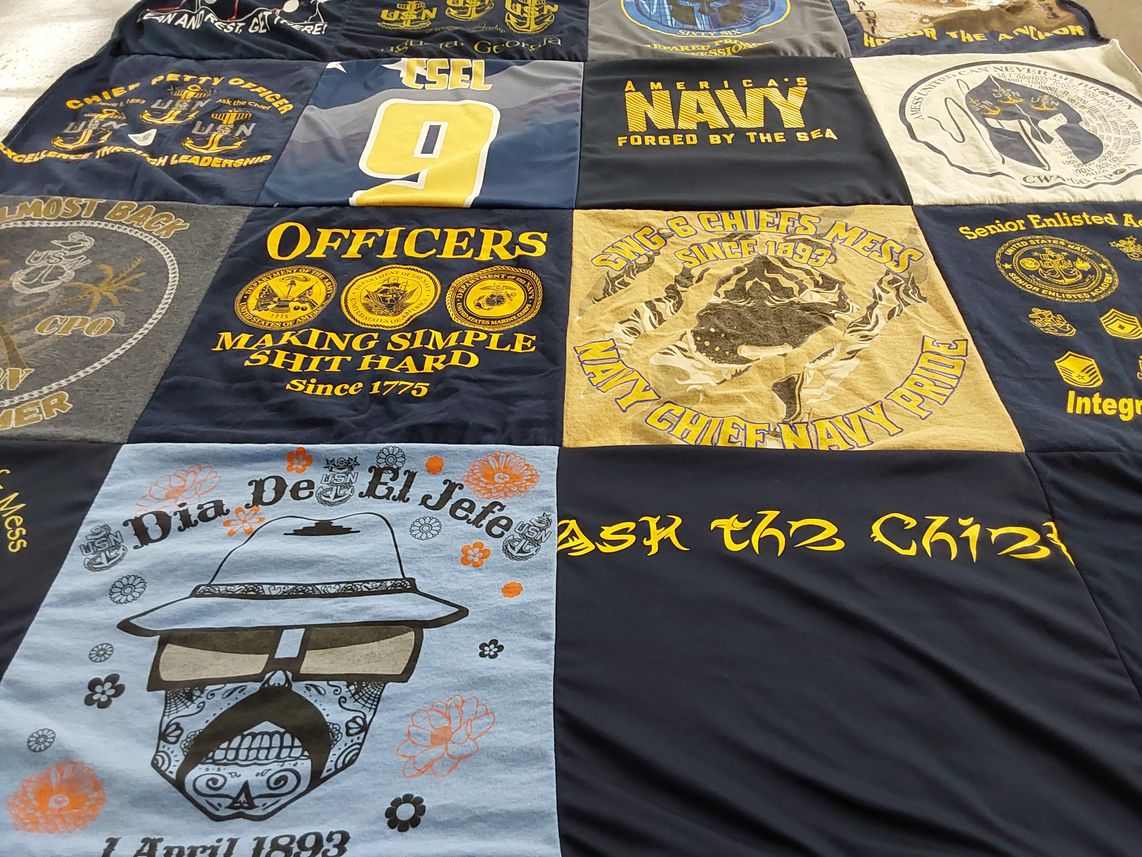 T-shirt quilt with military, navy themes by Noam from MD
