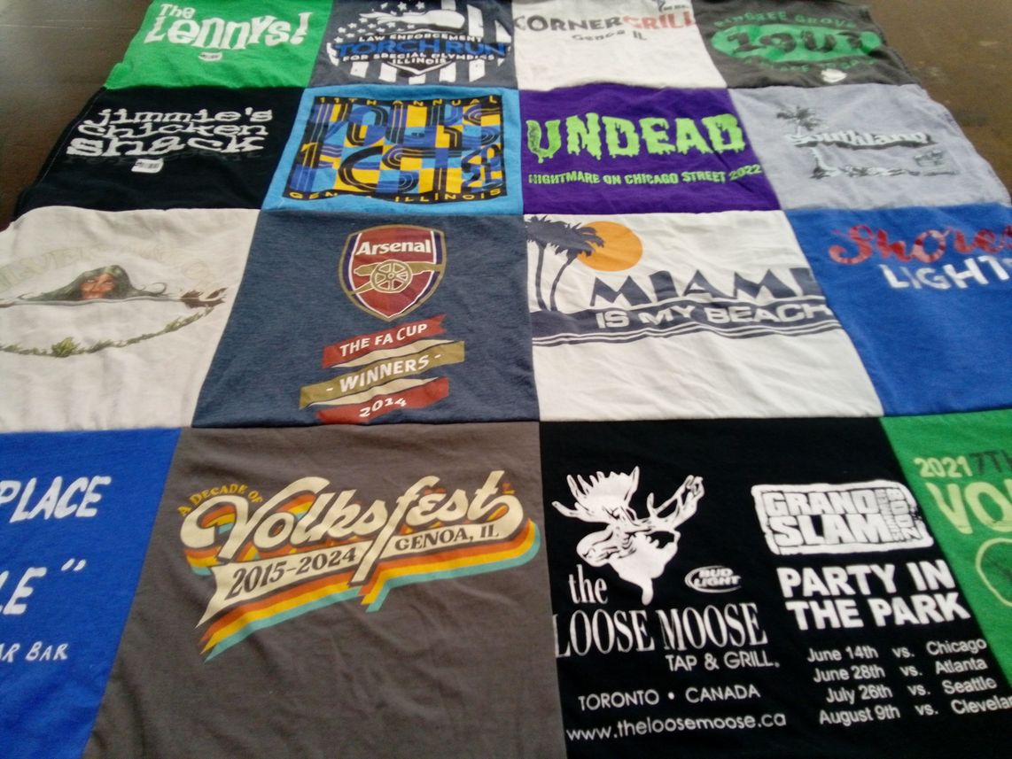 T-shirt quilt with food, music themes by Amber from IL