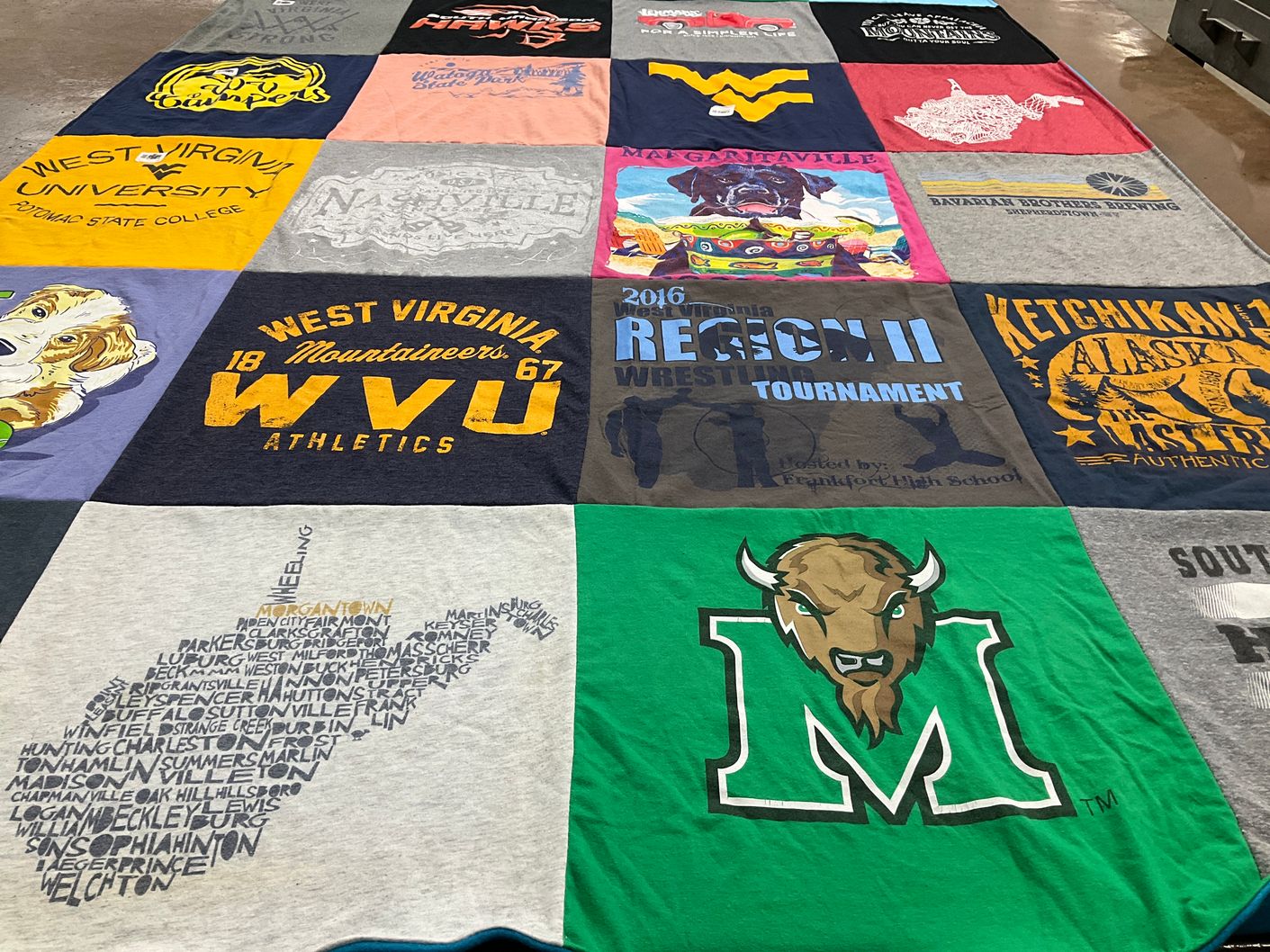 T-shirt quilt featuring west virginia mountaineers, marshall university by LEA from WV