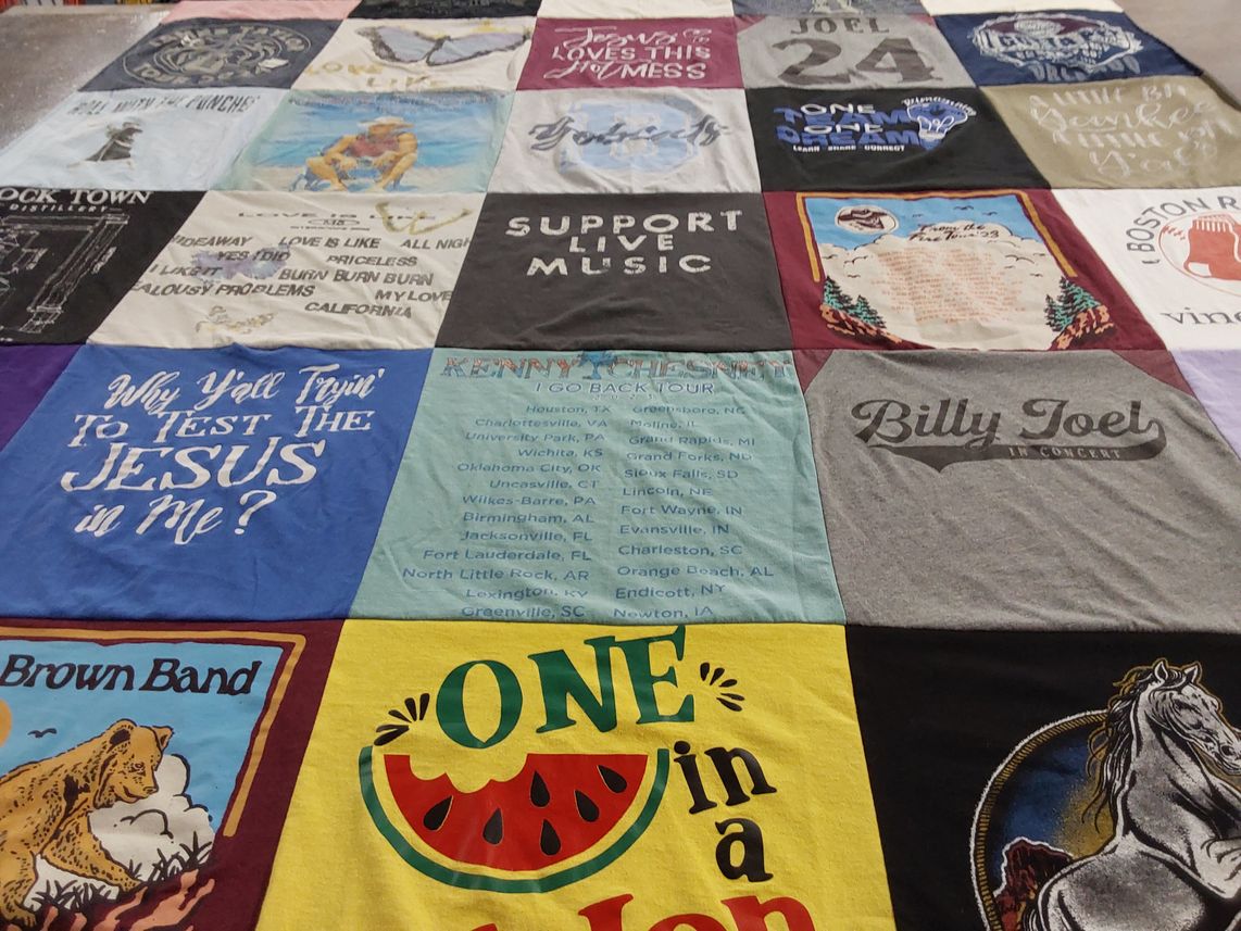 T-shirt quilt with music, concerts themes by Candace from MS