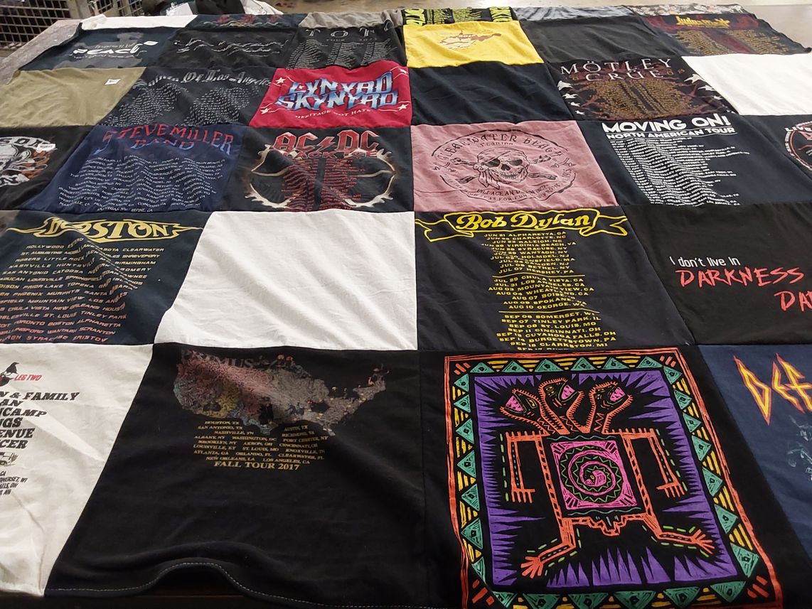 T-shirt quilt with music, rock themes by debbie from IL