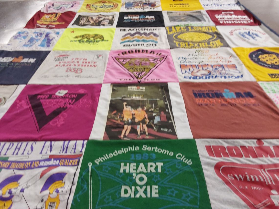 T-shirt quilt with triathlon, endurance sports themes by Allen from IN