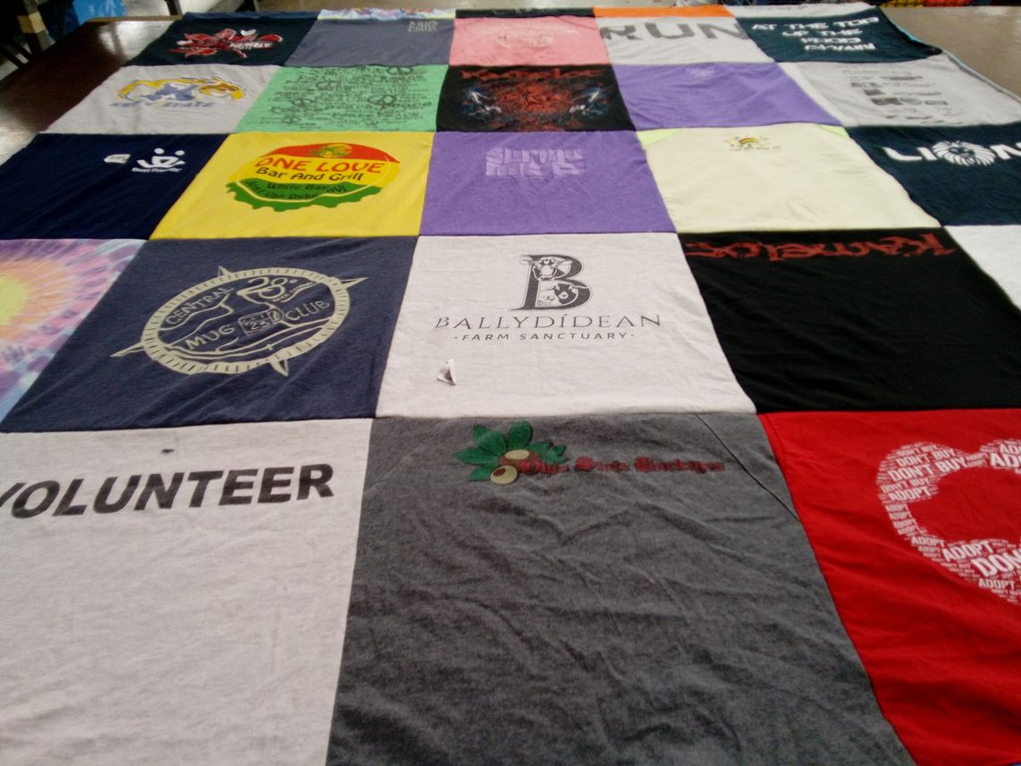 T-shirt quilt with community service, bar and grill themes by Cindy from FL