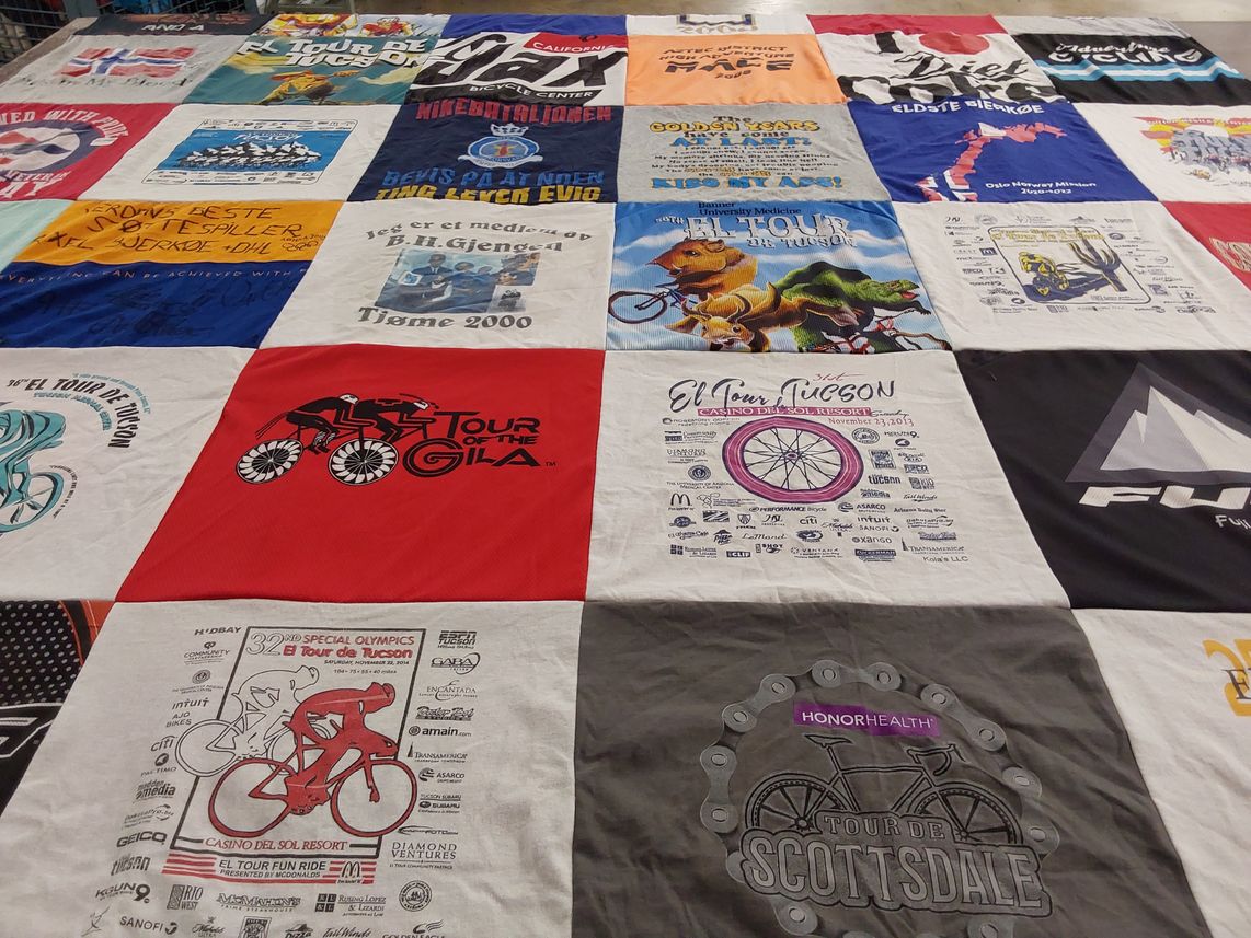 T-shirt quilt with cycling, biking themes by Desiree from CO