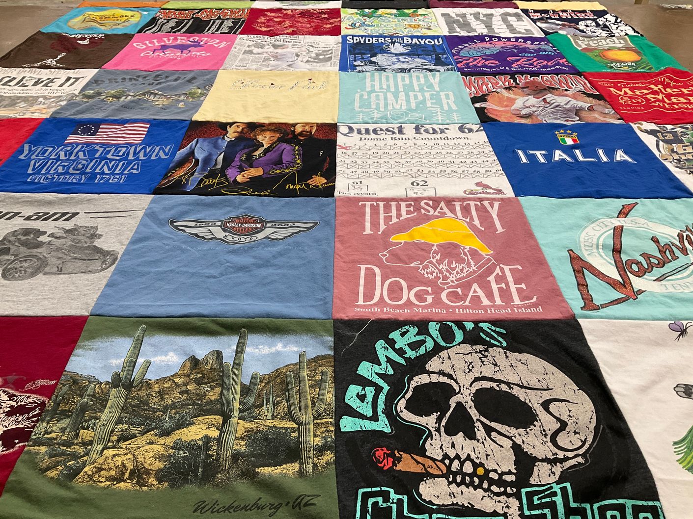 T-shirt quilt with traveling, cuisine themes by Deborah from TN
