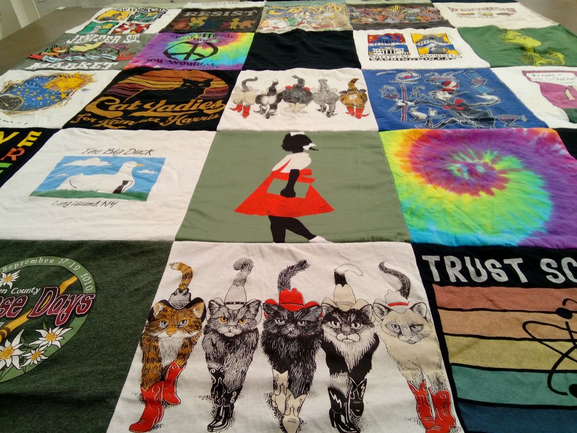 T-shirt quilt with cats, art themes by Maureen from NY