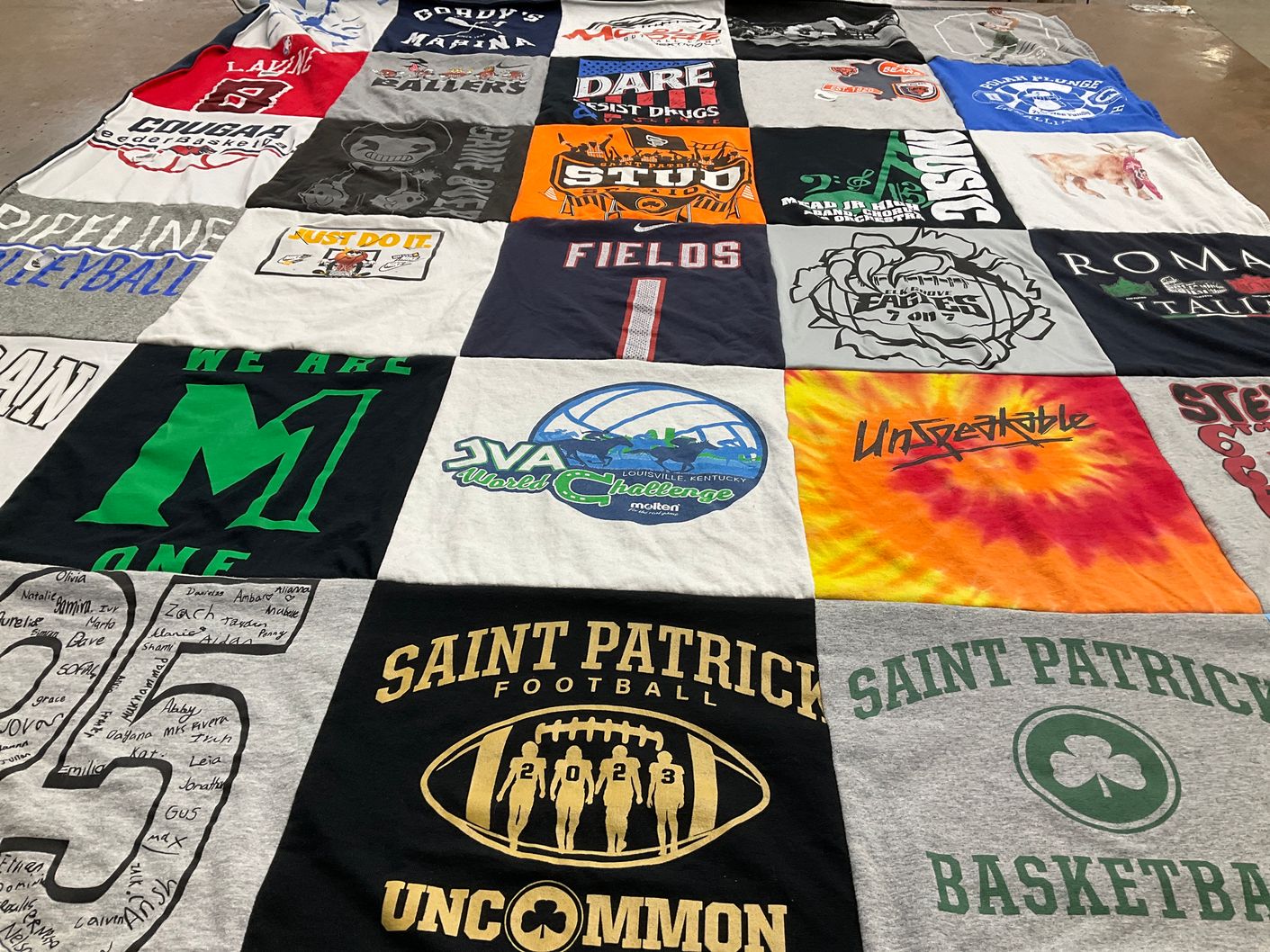T-shirt quilt featuring saint patrick's football team, saint patrick's basketball team by Angela from IL