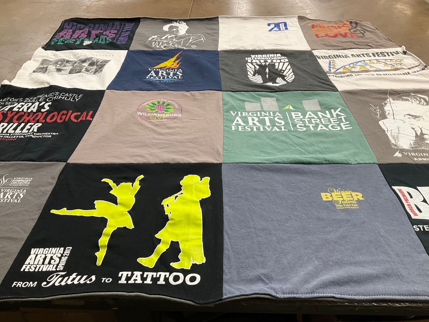 T-shirt quilt with arts, theater themes by Kari from VA