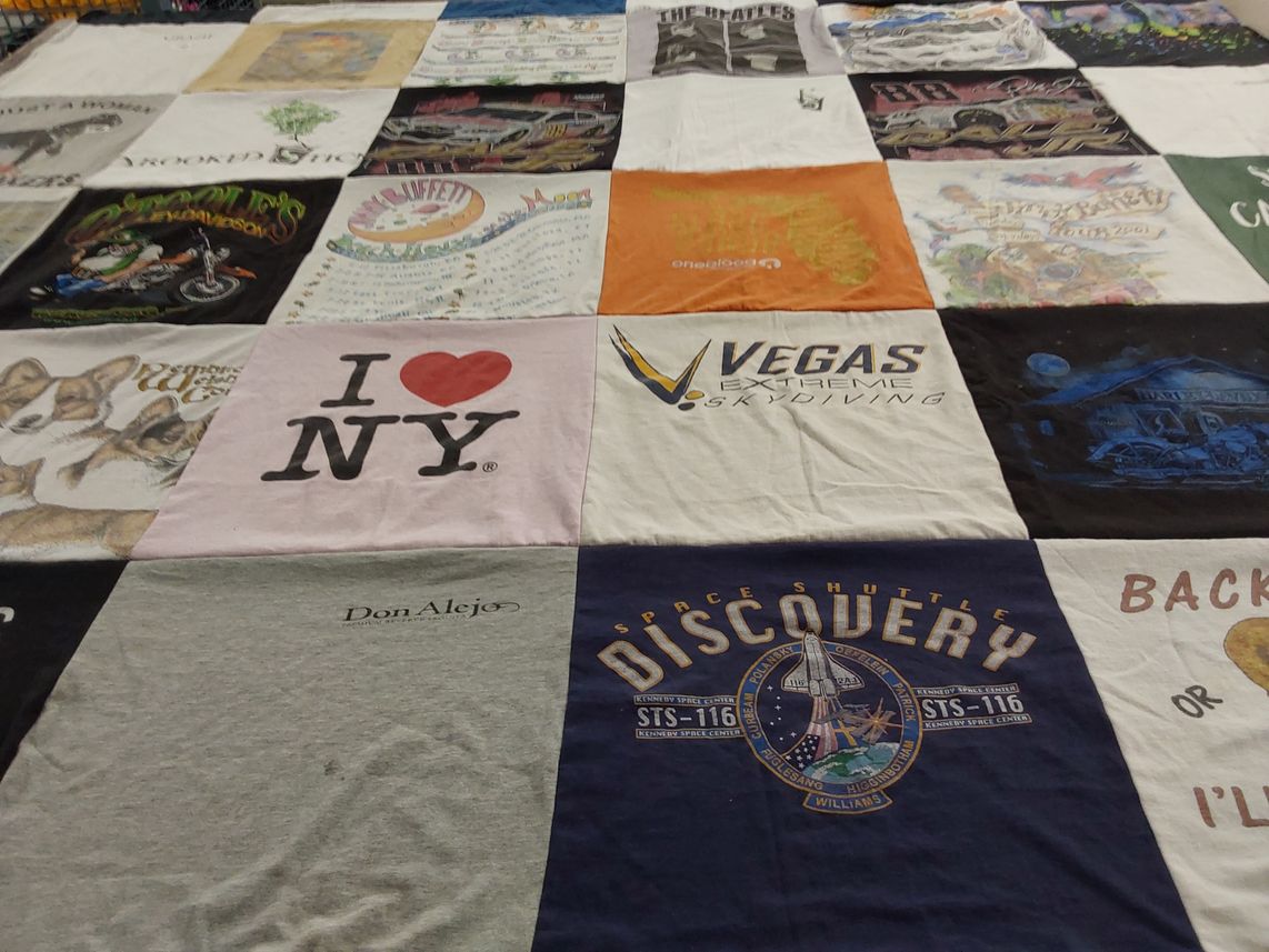 T-shirt quilt with skydiving, motorcycles themes by Susan from FL