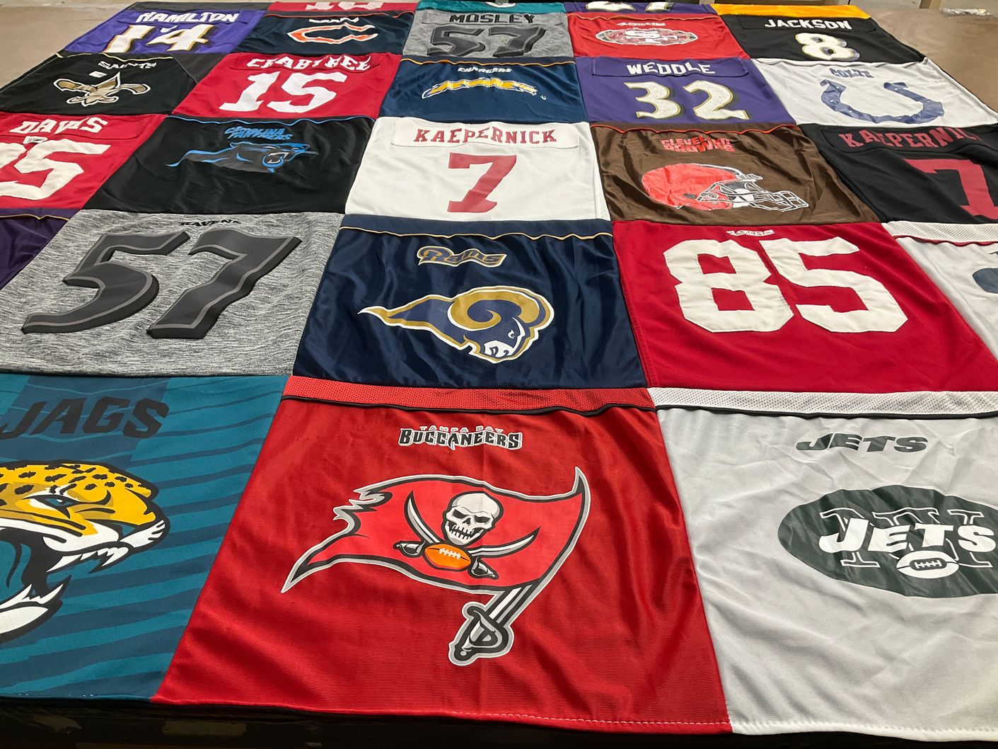 T-shirt quilt featuring tampa bay buccaneers, new york jets by Carmen from PA