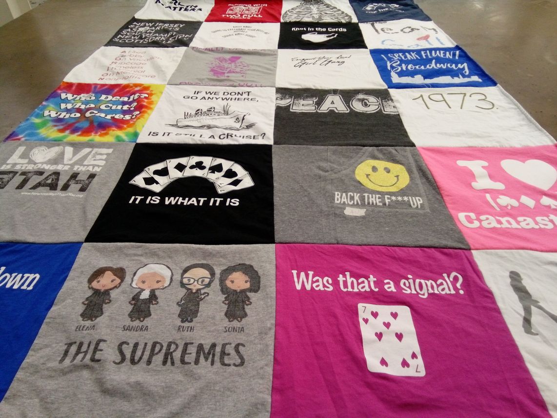 T-shirt quilt with card games, broadway themes by Hayley from CT