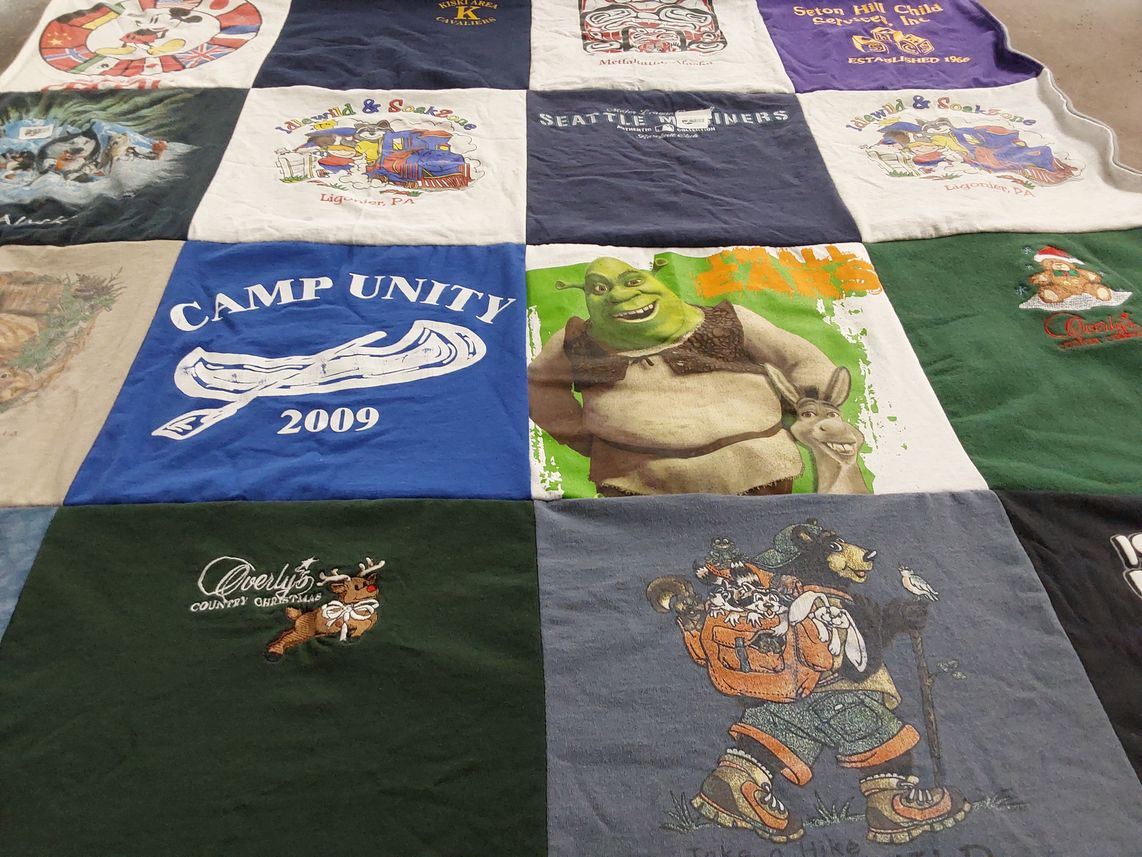 T-shirt quilt with camping, outdoors themes by Barbara from PA