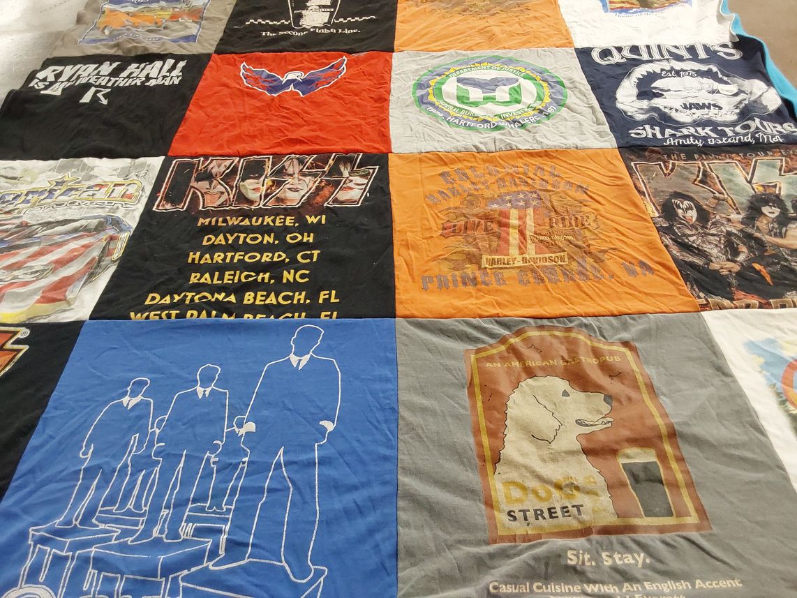 T-shirt quilt with music, food themes by Joan from CT