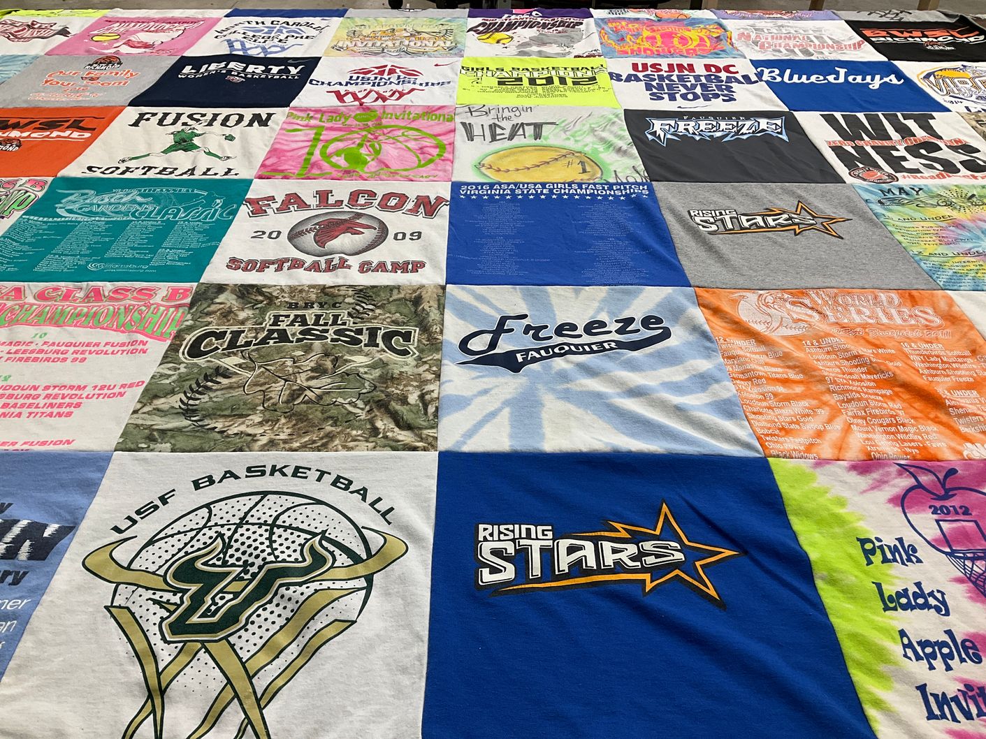 T-shirt quilt featuring falcon softball team, rising stars basketball team by Angel from VA