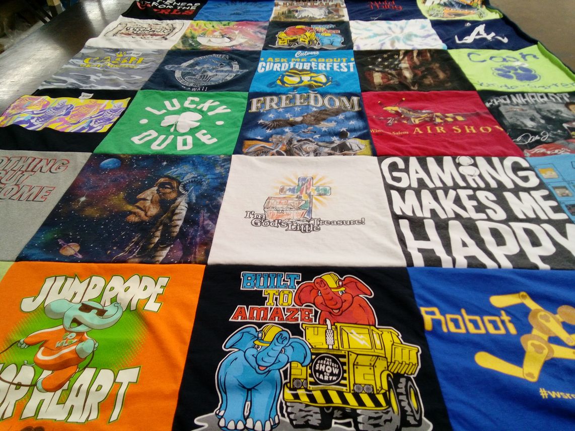 T-shirt quilt with gaming, airshows themes by Tonia from NC