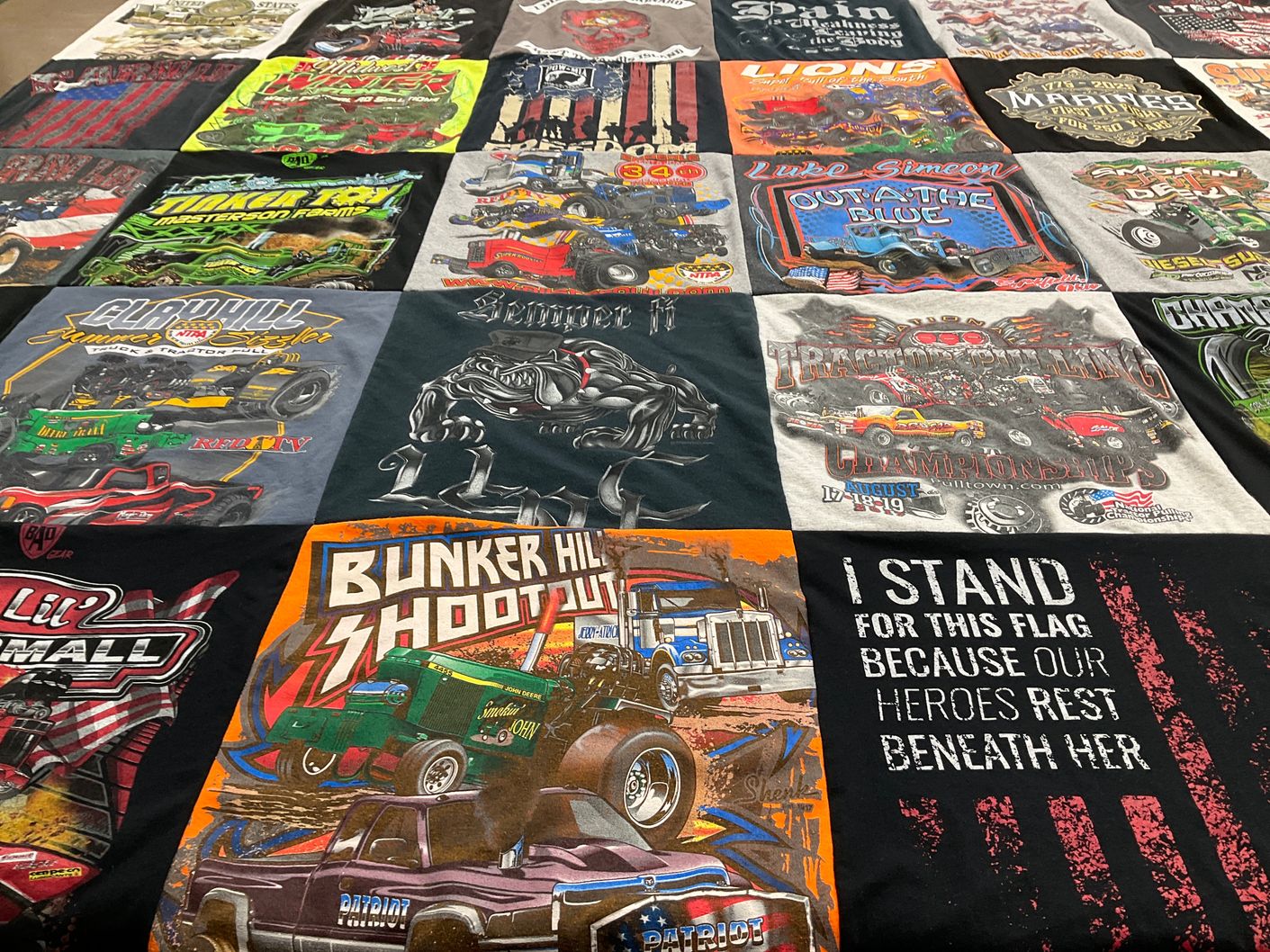 T-shirt quilt with monster trucks, motorsports themes by Bobby from TN