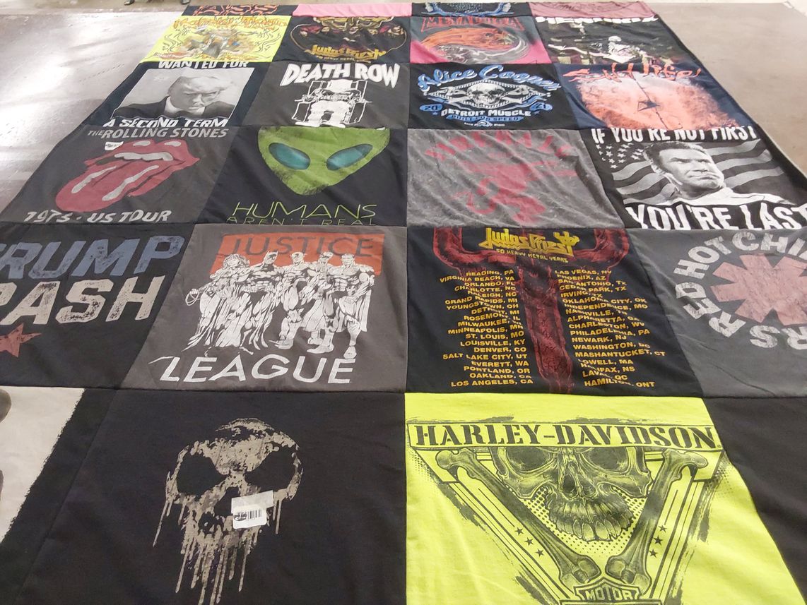 T-shirt quilt with music, politics themes by Gina from TX