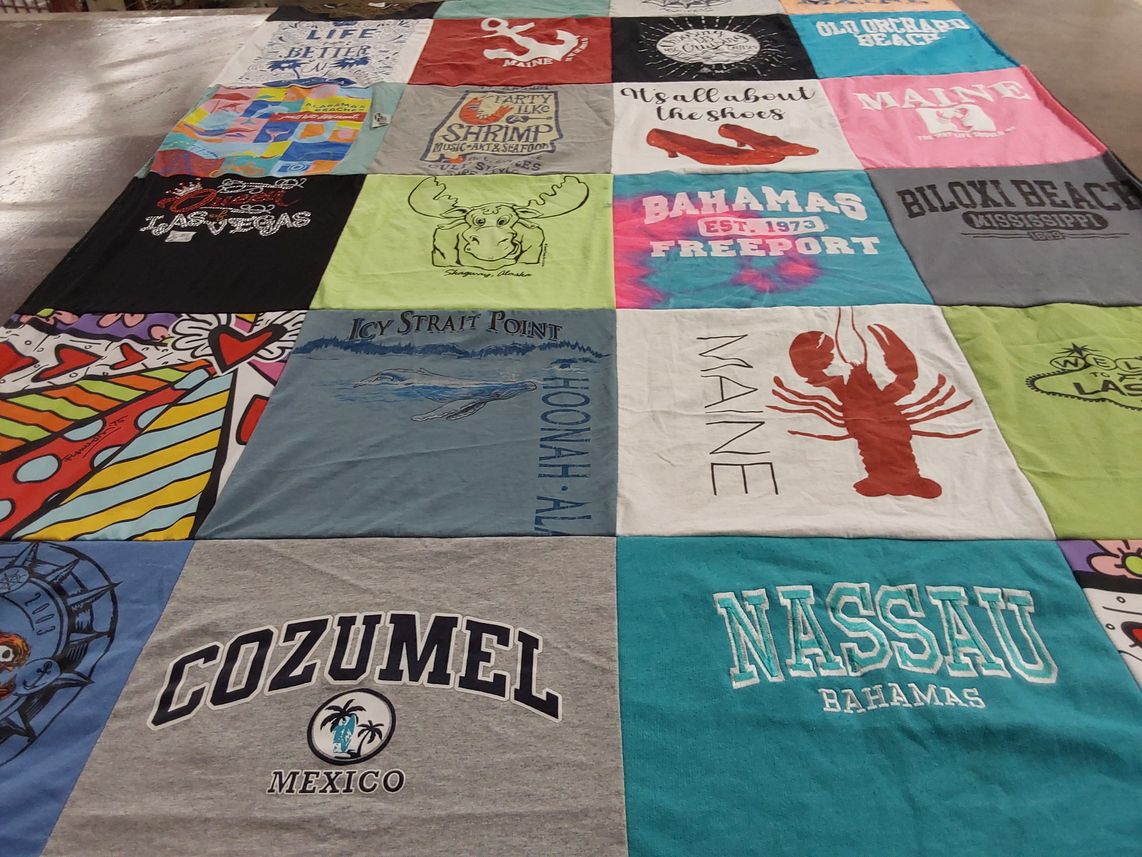 T-shirt quilt with beaches, travel themes by Cynthia from AL