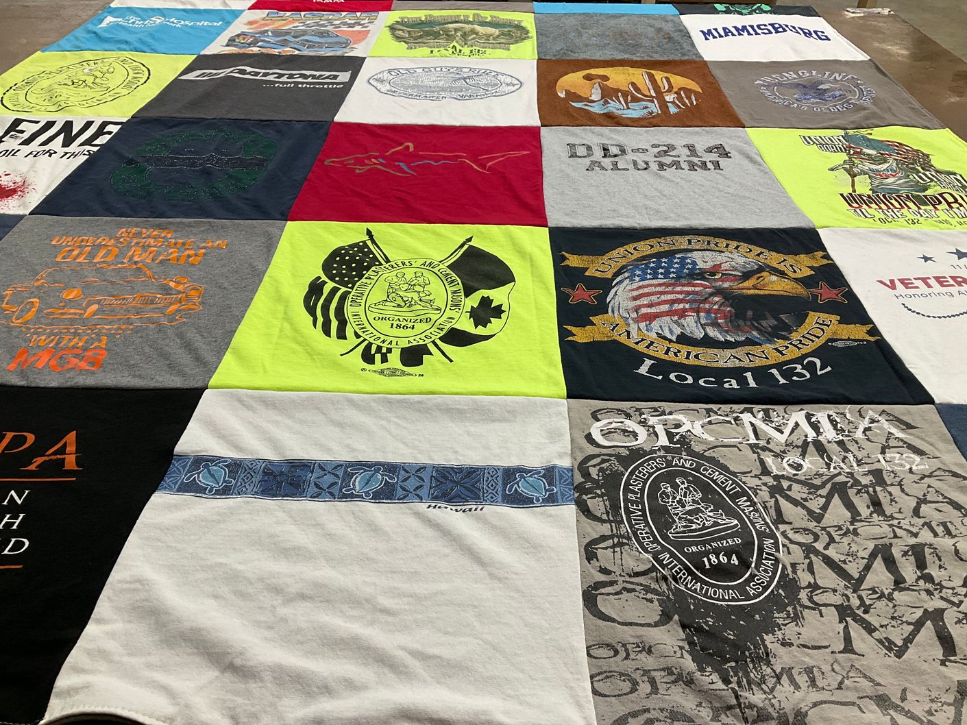 T-shirt quilt with veterans, cars themes by Gina from OH