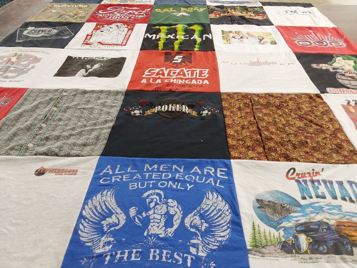 T-shirt quilt with motorcycles, gambling themes by Christina from CA