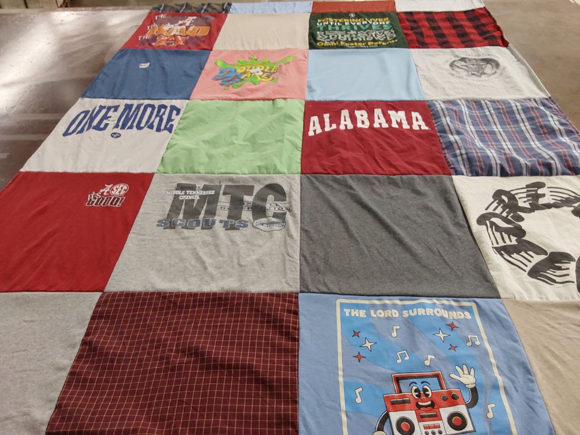 T-shirt quilt with music, scouting themes by Olivia from TN