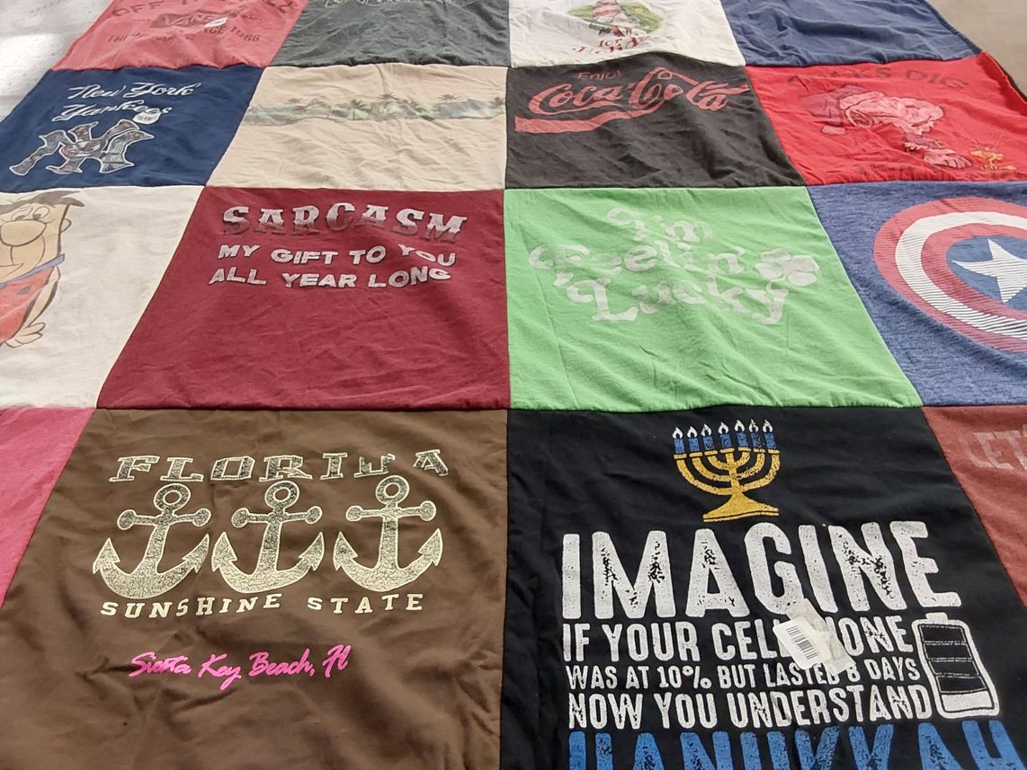 T-shirt quilt with beach, humor themes by Mary from SC