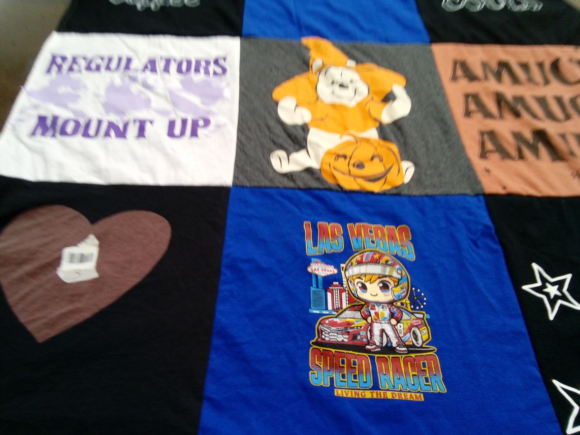 T-shirt quilt with racing, halloween themes by CHRISTINE from NC
