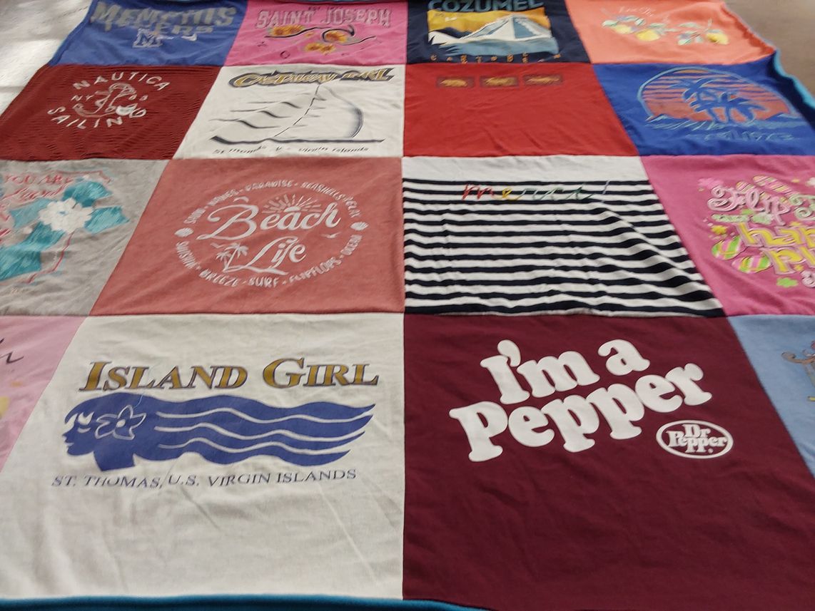 T-shirt quilt with beach, travel themes by Wanda from TN