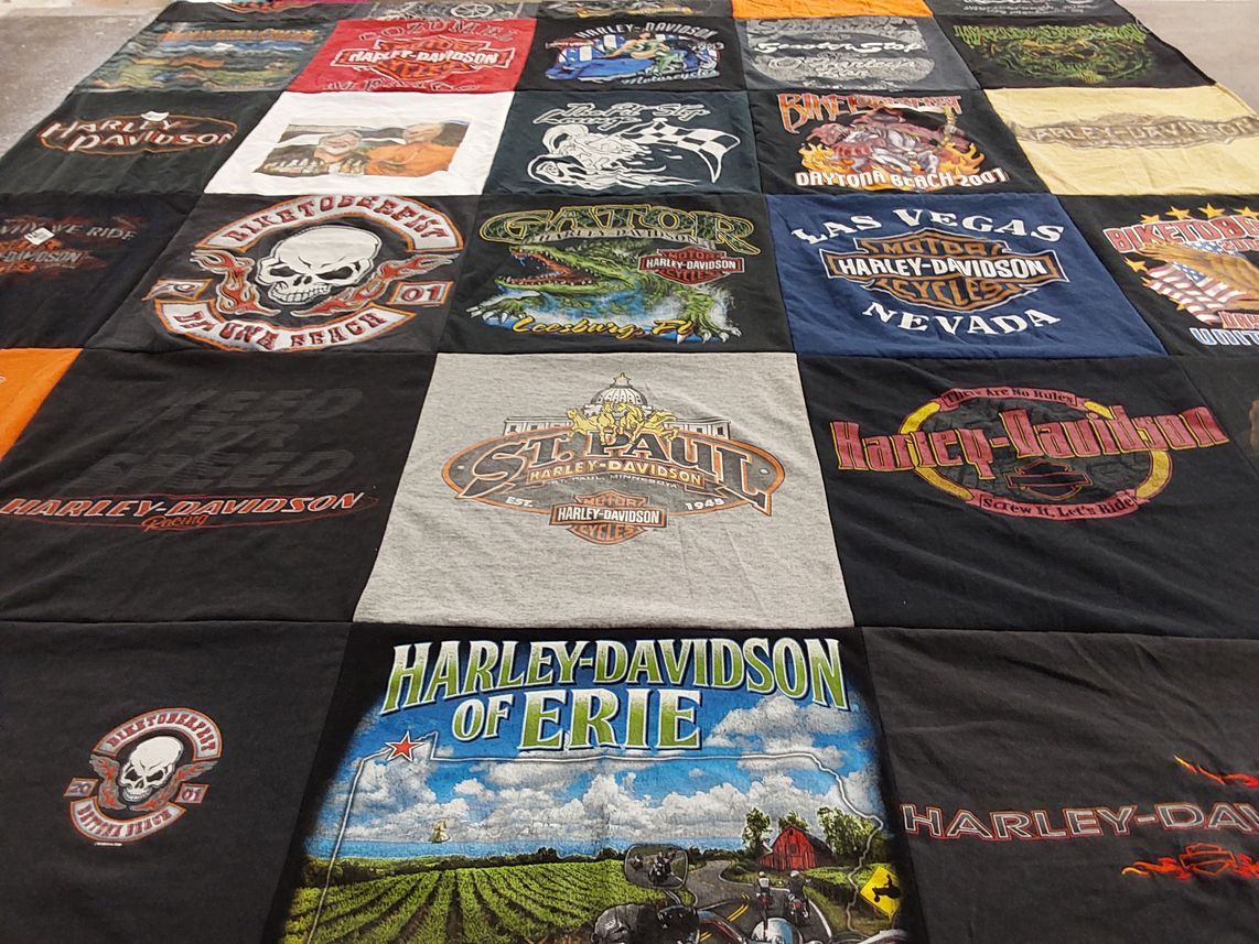 T-shirt quilt with motorcycles, biking themes by Kim from OH