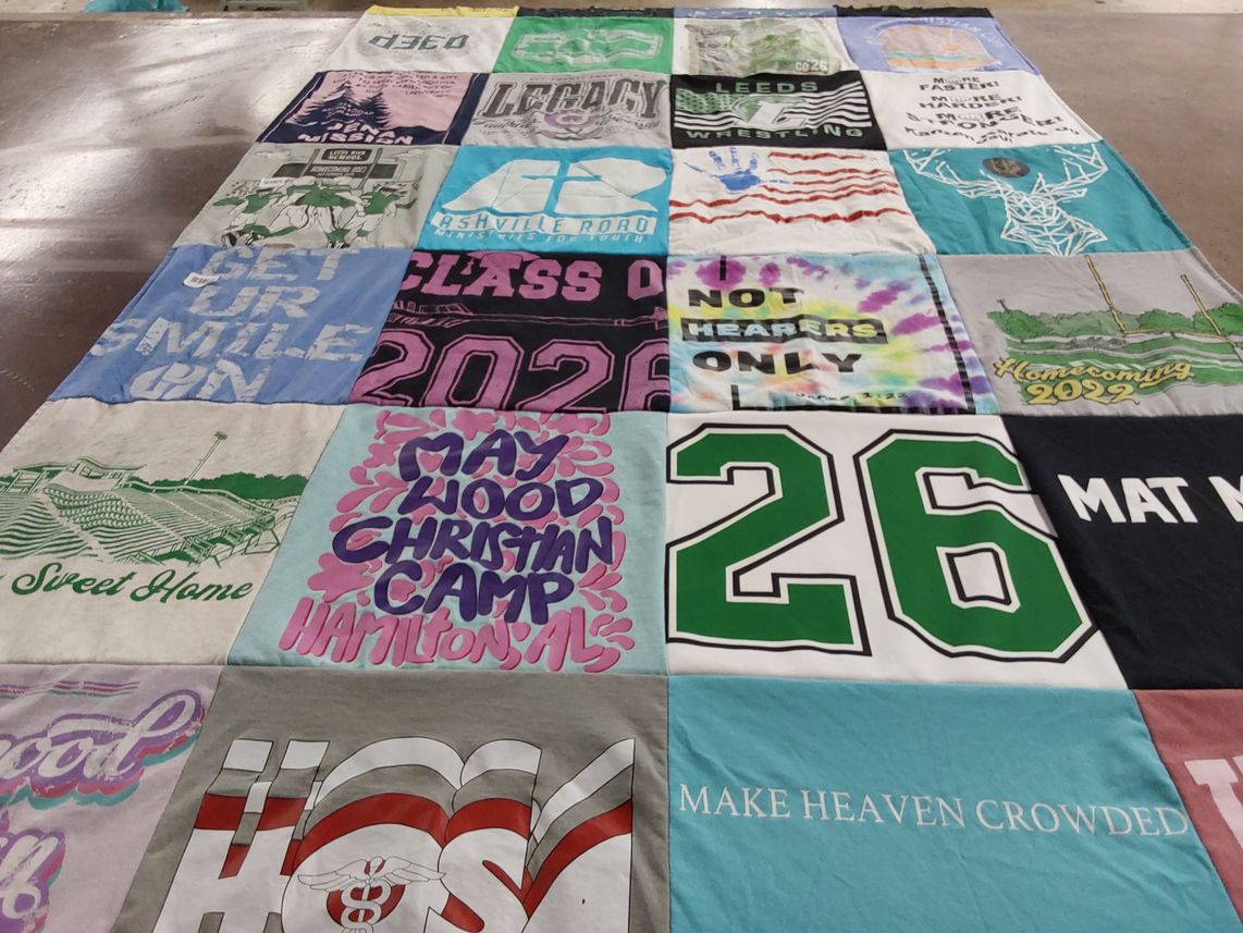 T-shirt quilt with camping, wrestling themes by Melissa from AL