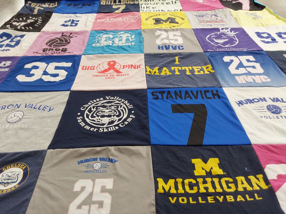 T-shirt quilt featuring huron valley volleyball, chelsea volleyball by Heather from MI