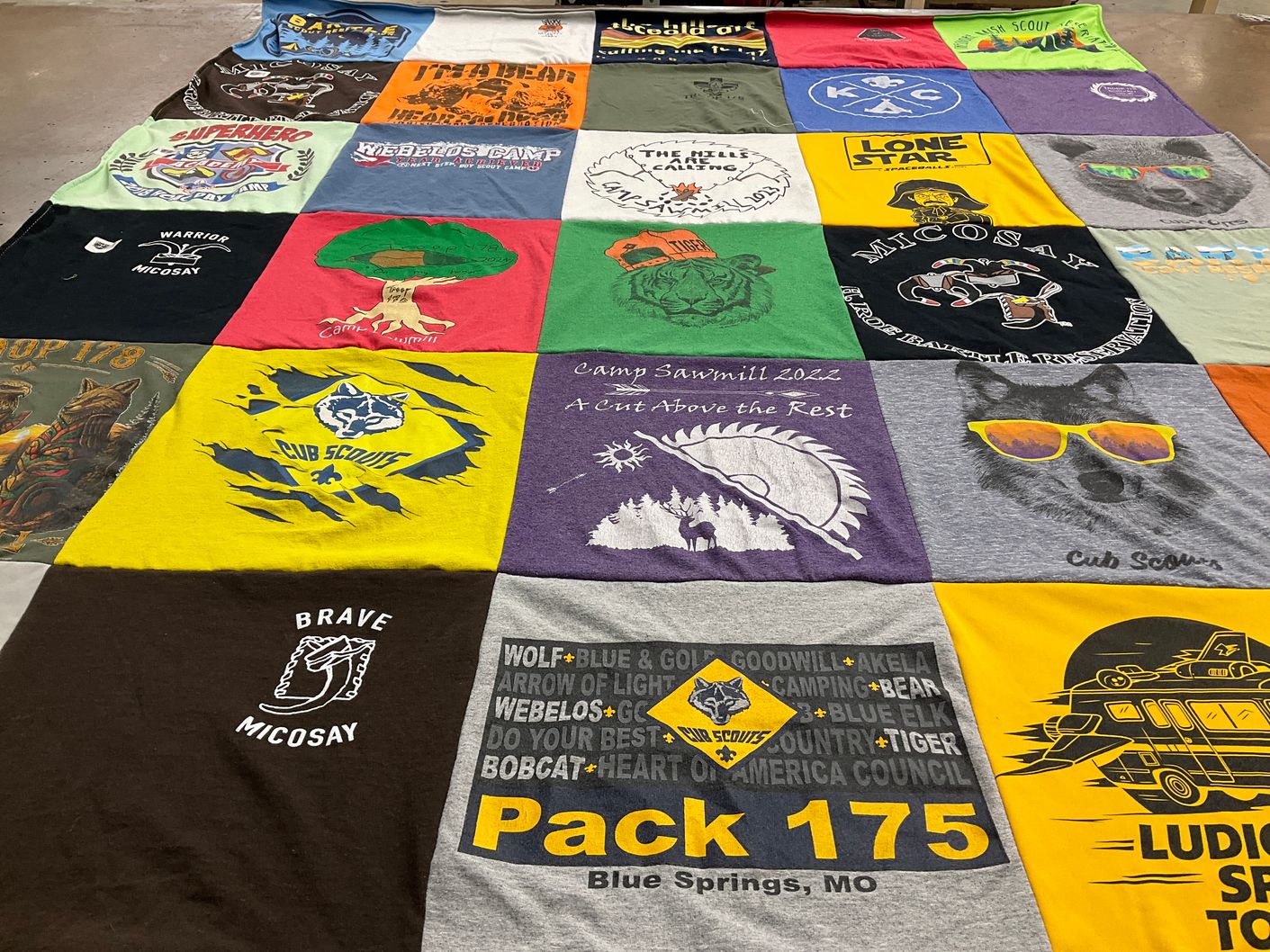 T-shirt quilt with camping, scouting themes by Tara from MO