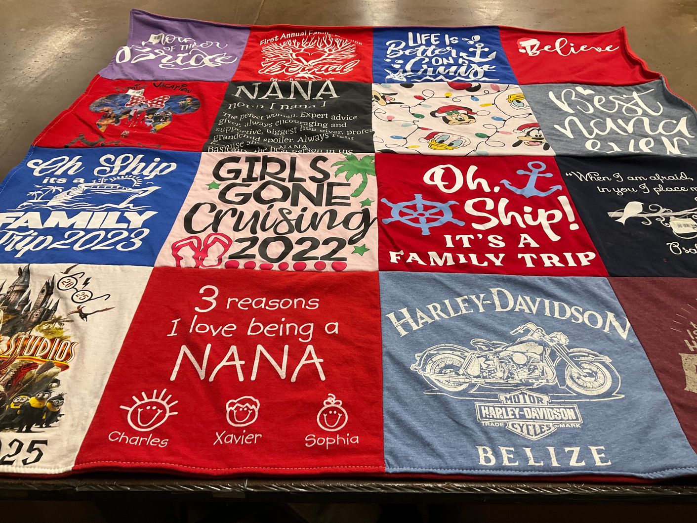 T-shirt quilt with family trips, cruising themes by Bonnie from TX