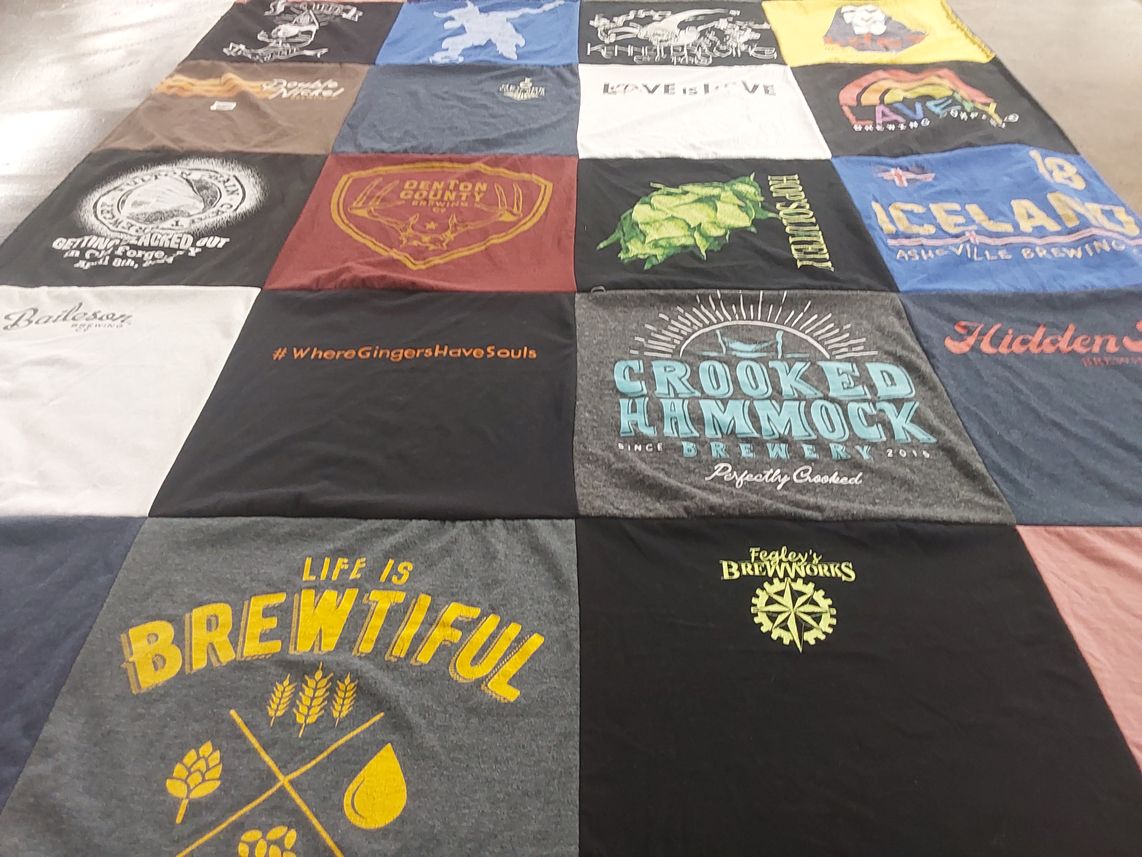 T-shirt quilt with breweries, craft beer themes by Mary Jo from PA