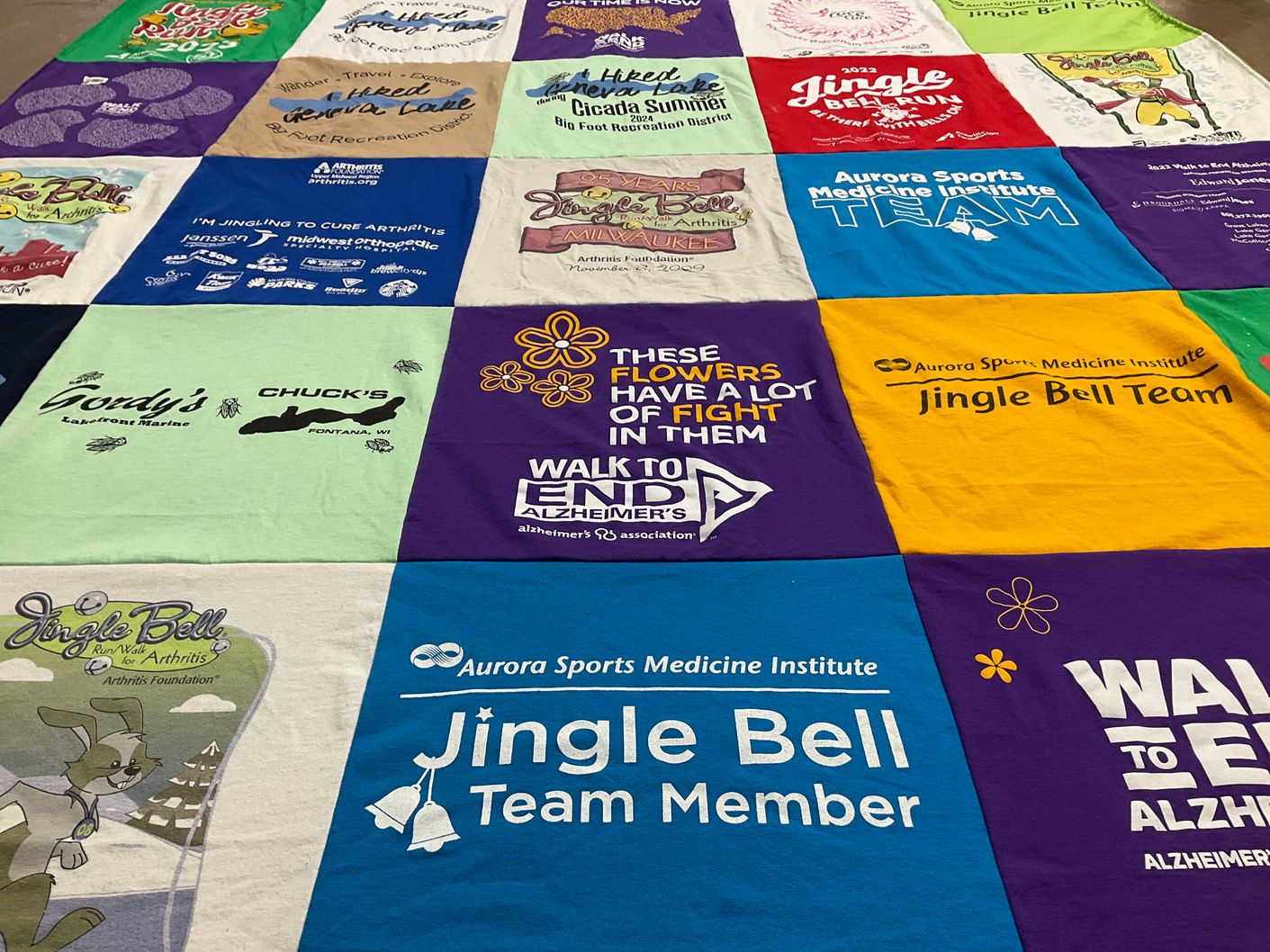 T-shirt quilt with arthritis awareness, alzheimer's awareness themes by Katherine from WI