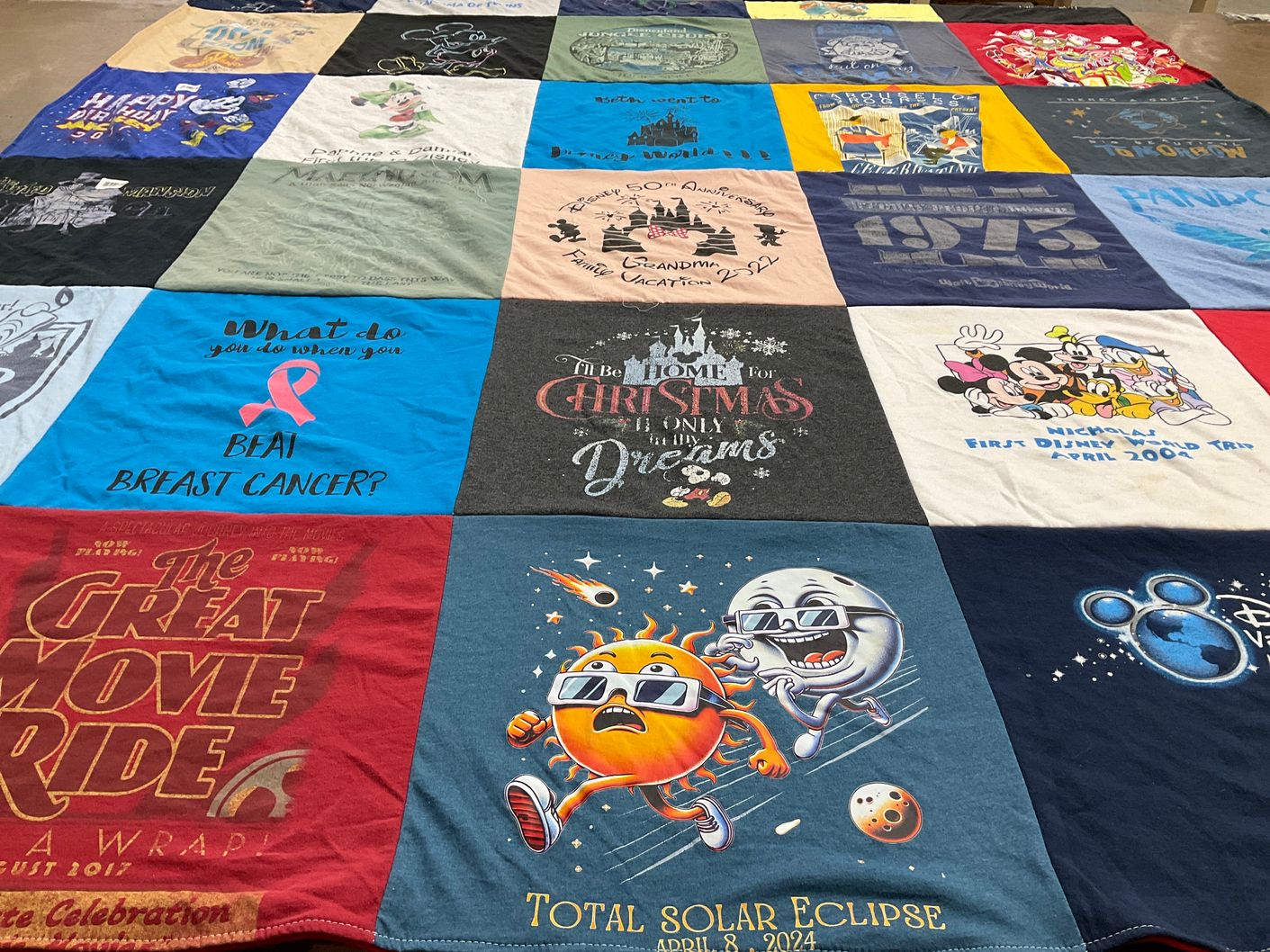 T-shirt quilt with breast cancer awareness, solar eclipses themes by Robert from NJ