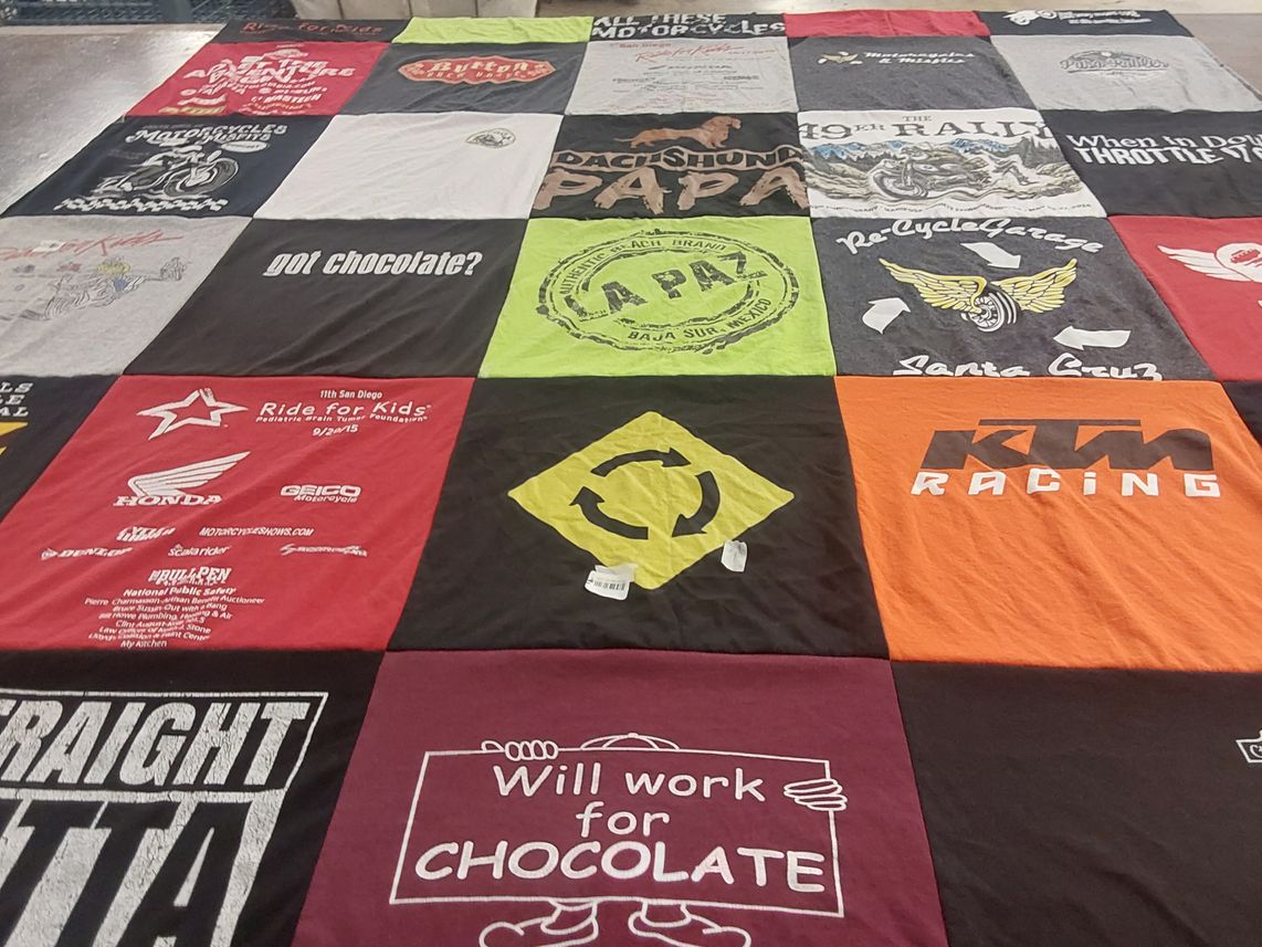 T-shirt quilt with motorcycling, charity themes by Briana from CA