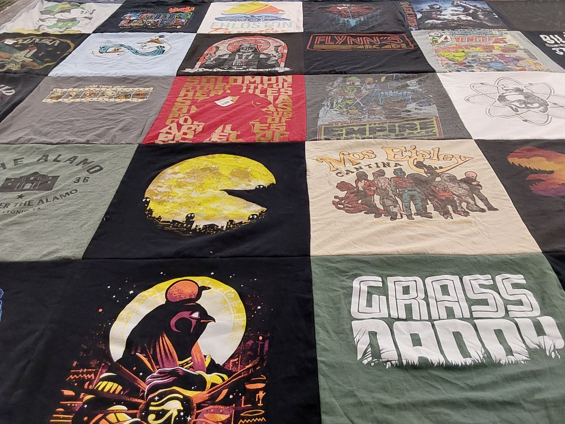 T-shirt quilt with video games, pop culture themes by Joel from NY