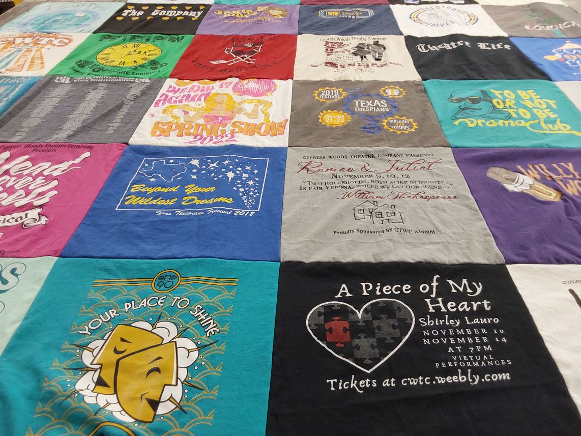 T-shirt quilt with theatre, performing arts themes by Cara from TX