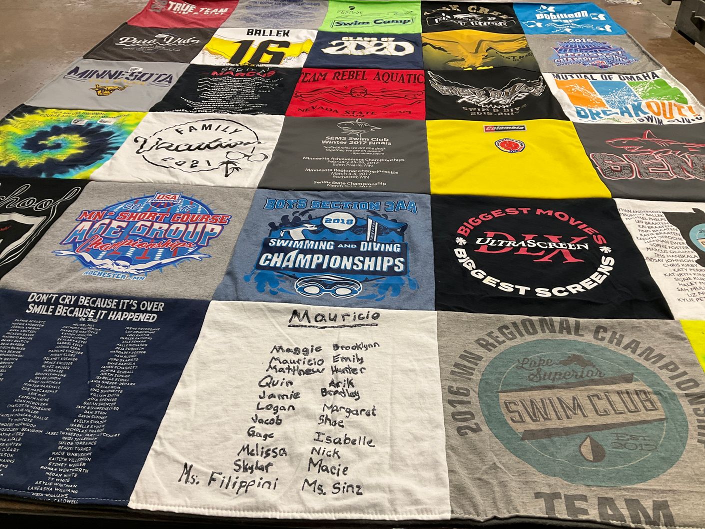 T-shirt quilt with swimming, family vacations themes by Martha from MN